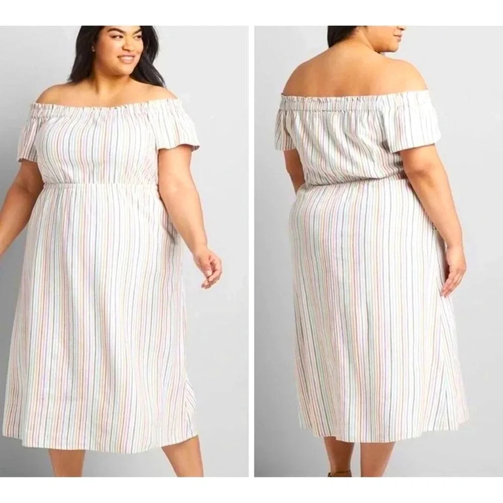 Lane Bryant Linen Blend Pastel Striped  Convertible Off The Shoulder Mid…